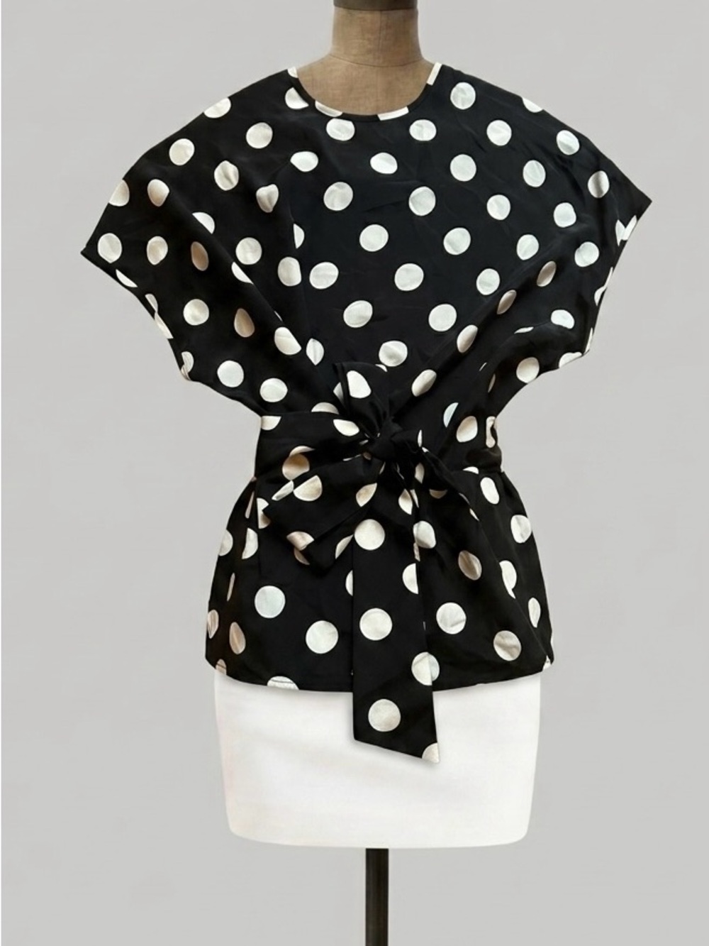 🖤 Vintage David Hayes 100% Silk Polka Dot Tie Waist Blouse Size 14